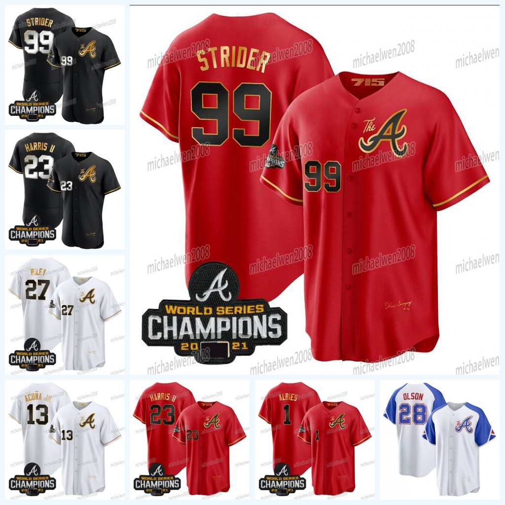 

Braves City connect Gold Jersey Ronald Acuna Jr. Spencer Strider Michael Harris II Eddie Rosario Marcell Ozuna Austin Riley Matt Olson Ozzie Albies Sean Murphy, Men flex base