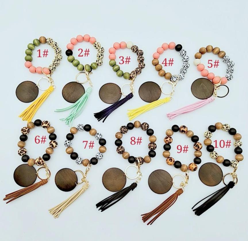

Leopard Wooden Bead bracelet keychain with Tassel Wristband Bangle Key chain2362876
