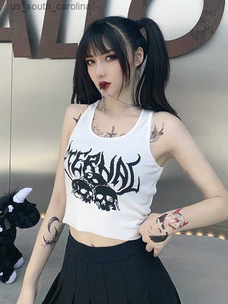 

Camis 2023 Sexy Punk Goth Crop Tops Womens Summer Skull Print Vest Top Black White Fashion Round Neck Sleeveless Slim Tank T L230522