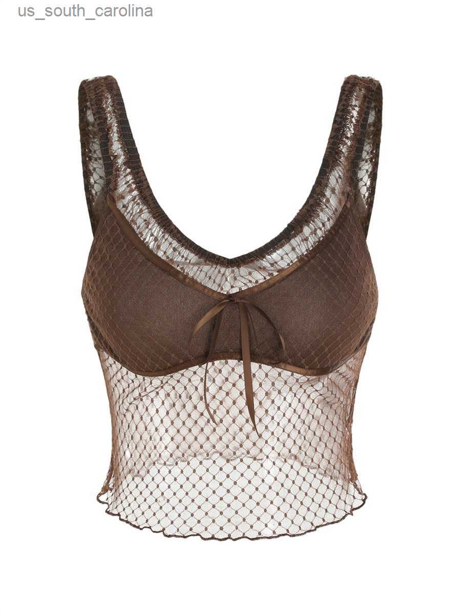 

Camis Women  See Though Lace Tank Tops Sleeveless Mesh V Neck Bow Front Dots Print Crop Tops Summer Shirt L230522, Brown