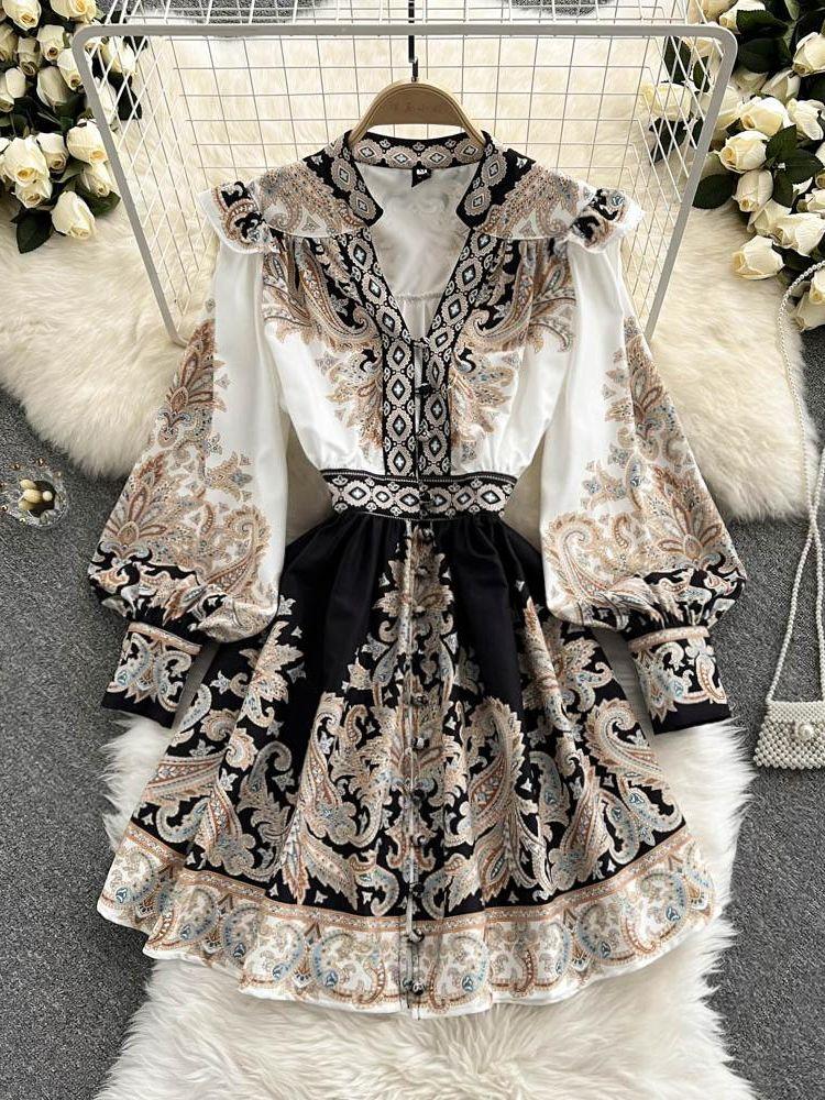 

Dresses Women Dresses Spring Summer 2022 Runway Fashion Paisley Print Vintage Dress V Neck Long Lantern Sleeve Belted Mini Dress 1991, Black