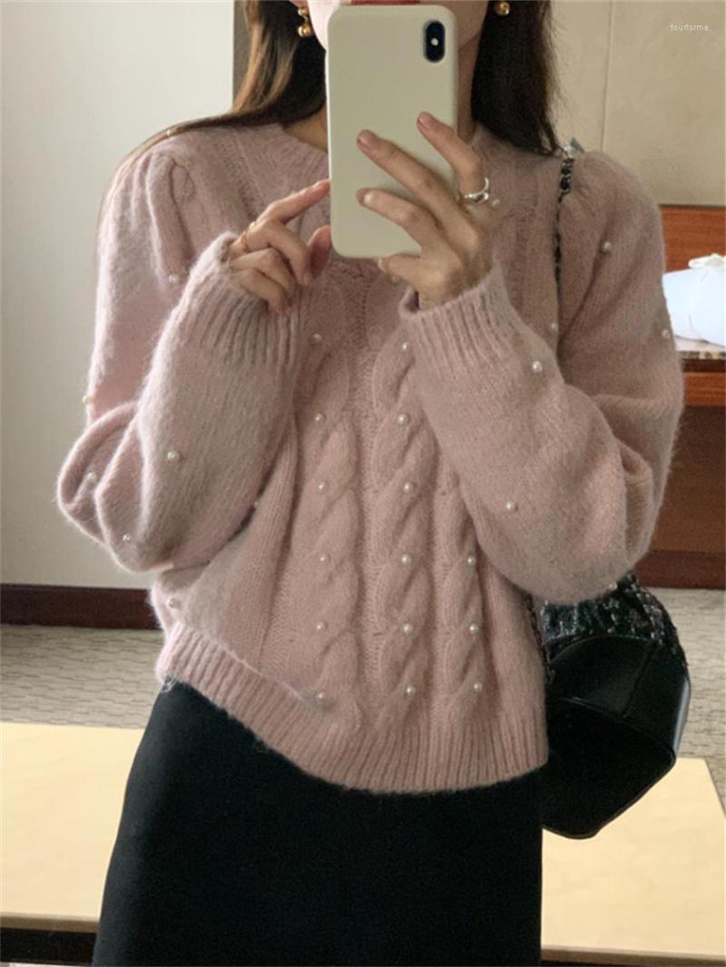 

Women's Sweaters Alien Kitty Sweet Girls Pink Solid Beading Knitted Loose Chic Gentle Pullovers Fashion Casual Office Lady Winter, Grey
