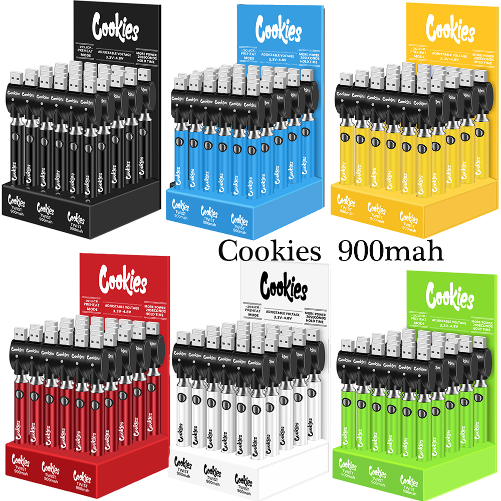 

Cookies Twist Battery Display Box 30pcs 900mah Preheat Rechargeable Batterries Variable Voltage 3.3V-4.8V Vape Pen Fit 510 Thread Oil Cartridges
