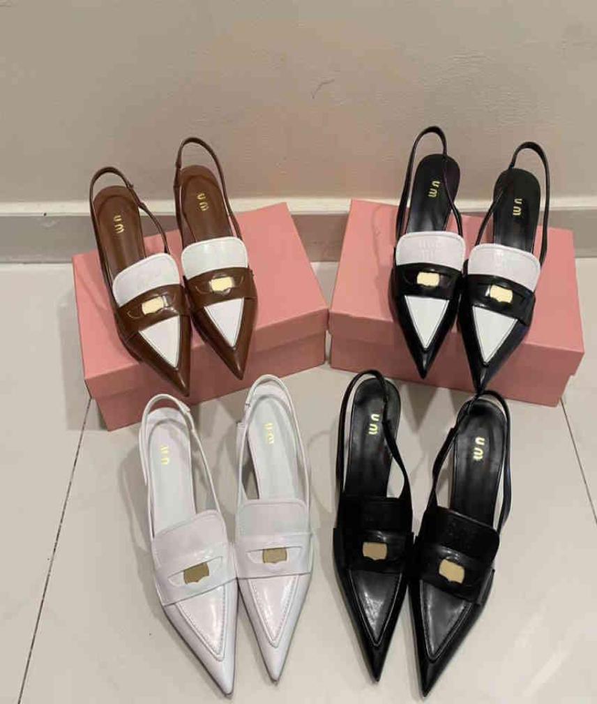 

Dress Shoes Miu gold coin pointed cat heel sandals women039s catwalk style Baotou shallow mouth high heels French single shoes8281202, White