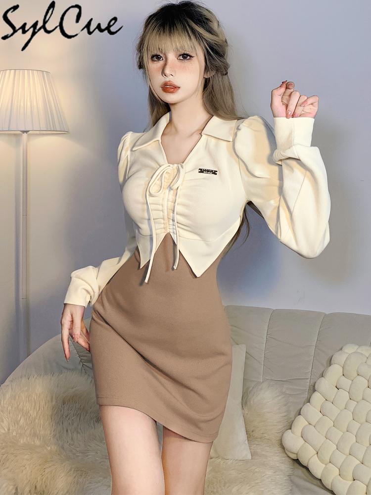 

Dresses Sylcue Patchwork Contrast Color Youthful Vitality Girl Sweet and Cute Sexy Slim Travel Happy Women' Longsleeved Tight Dress, Beige