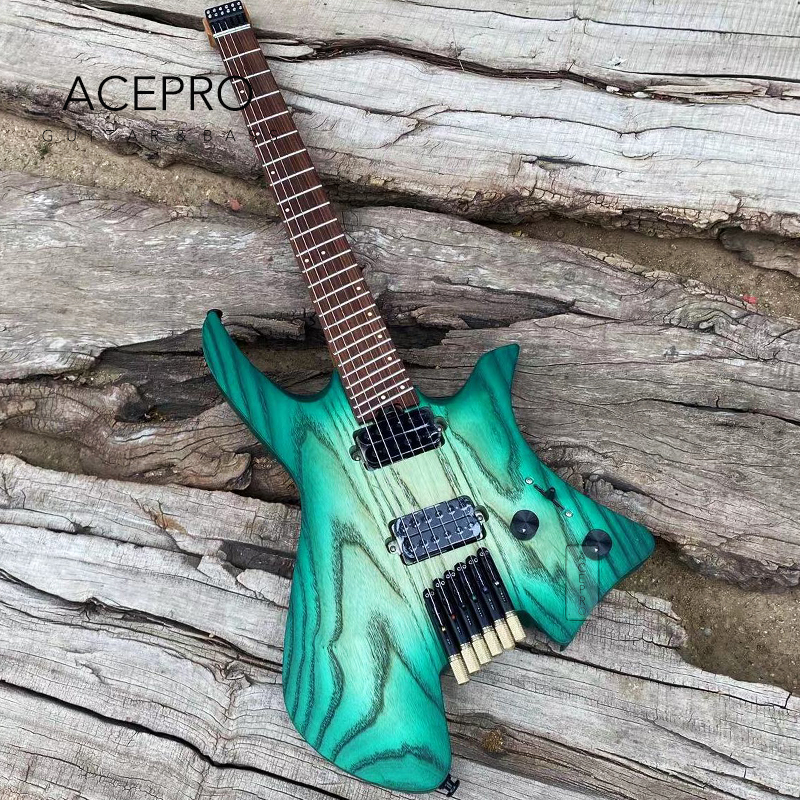 

YoLo Pro Headless Electric Guitar Satin Green Burst Color Ash Body Roasted Maple Neck 2.9 Jumbo Stainless Steel Oblique Frets