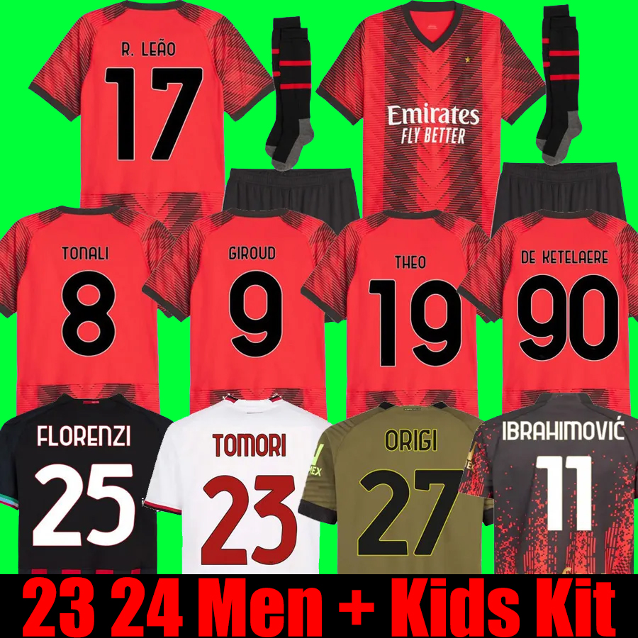 

22 23 24 IBRAHIMOVIC KOCHE soccer jerseys AC MILANS 2023 2024 GIROUD DE KETELAERE R. LEAO TONALI THEO yellow football shirt special fourth 4th men kids kit uniforms, 22 23 home adult + patch2