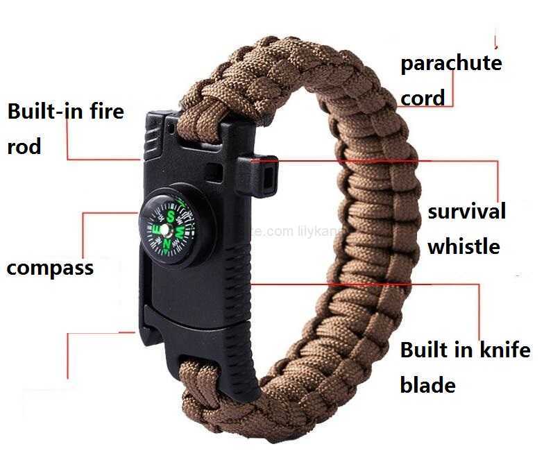 

multifunctional 5 in 1 survival bracelets SOS kit with whistle compass knife blade parachute cord wristband camp hiking traveling equipment
