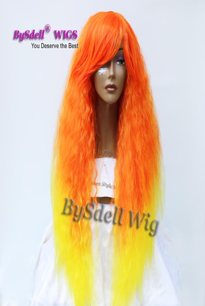 

Long incressing graduation Cut ombre color hair wig frizzy kinky curly Orange ombre yellow hair Mermaid wigs for cosplay party fas6626111