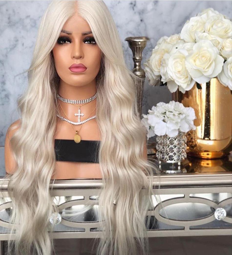 

Selling Platinum Blonde Wig With Baby Hair 26 Inch Long Wavy Synthetic Lace Front Wig Glueless Heat Resistant Wigs For White W9575326