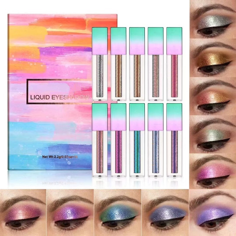 

Long-lasting 10 Colors Liquid Glitter Eye Shadow Makep High Pigmented Liquid Eyeshadow Metallic Shimmer Sparkle Shining Eyeshadow Palette, Multi