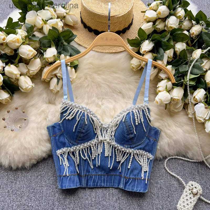 

Camis Chic Sequins Tank Top Bra Girl Charming Jeans Summer Tassels Rhinestone Crop Tops Fashion Womens Tanks and Camis Dropshipping L230522, Blue