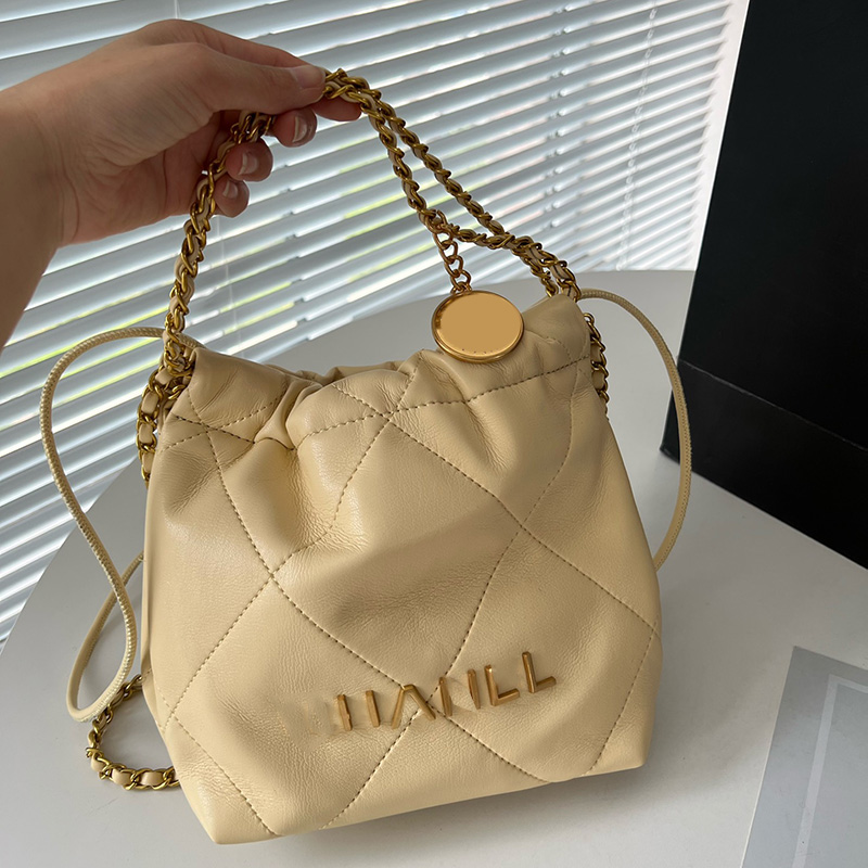 

French Womens Drawstring Bucket 22 Mini Shopping Bag Calfskin Round Strap Gold Metal Hardware Matelasse Chain Crossbody Shoulder Handbag With Coin 6 Colors 18X20CM, Box