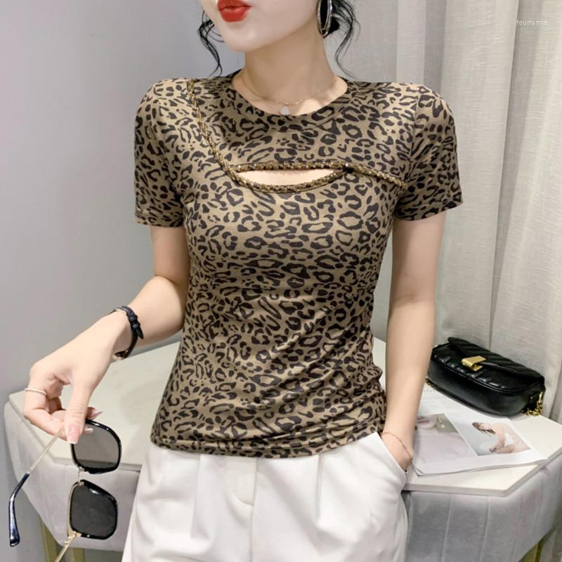 

Women' T Shirts Leopard Shirt Women Hollow Out Beading Sexy Tight Vintage Office Tshirt Short Sleeve Summer Womens Korean Style, Brown
