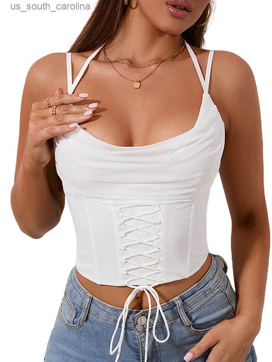 

Camis Women  Y2K Backless Crop Top Strappy Sleeveless Mesh Skinny Sling Bustier Vest Sleeveless Hanging Neck Tie Up Crop Tops L230522, Beige