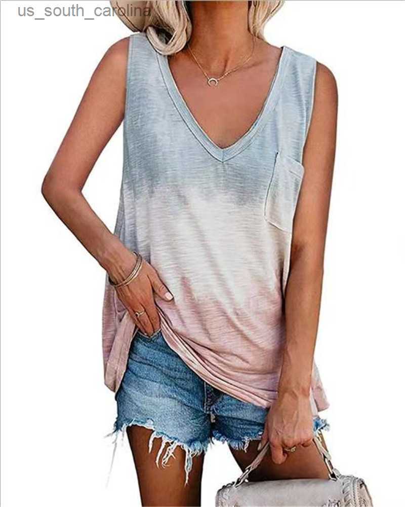 

Camis Size Up S-5XL 2021 Summer Fashion New Women's Vest tie Bye Printing Casual Wear V-neck Pocket Sleeveless T-shirt Women's Top L230522, Lavender