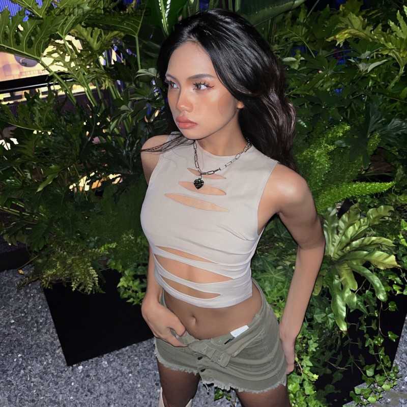

Camis Women Summer Y2k Slash Top Taupe Hole Cut Out Crop Top 90s Style Sleeveless Cropped Tank Tops L230522, Army green