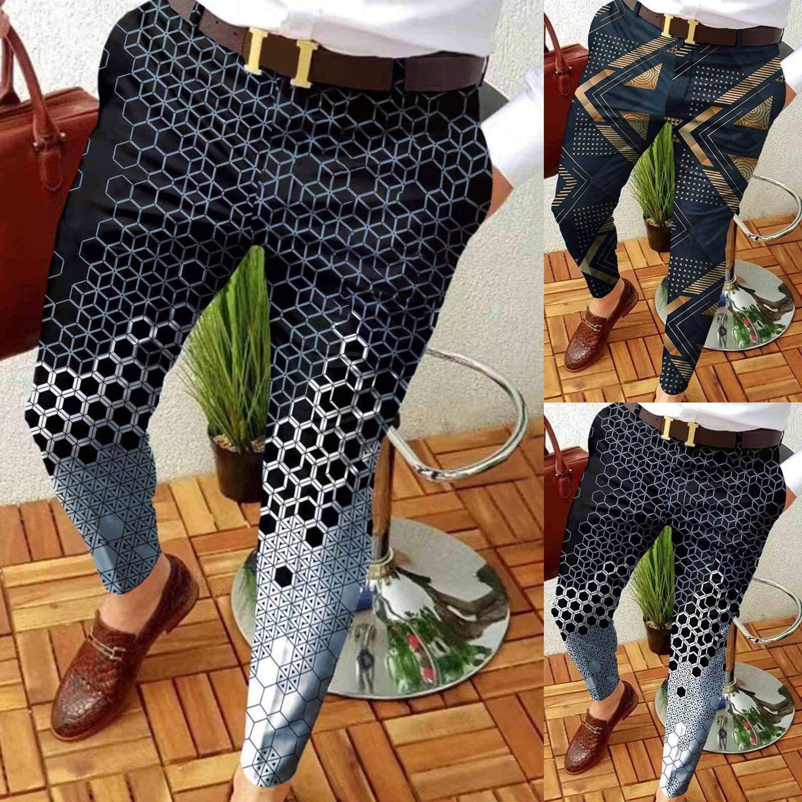 

Pants Men Slim Fit Print Zipper Button Trousers Suit Pants Male Casual Fashion Long Pants, Gold