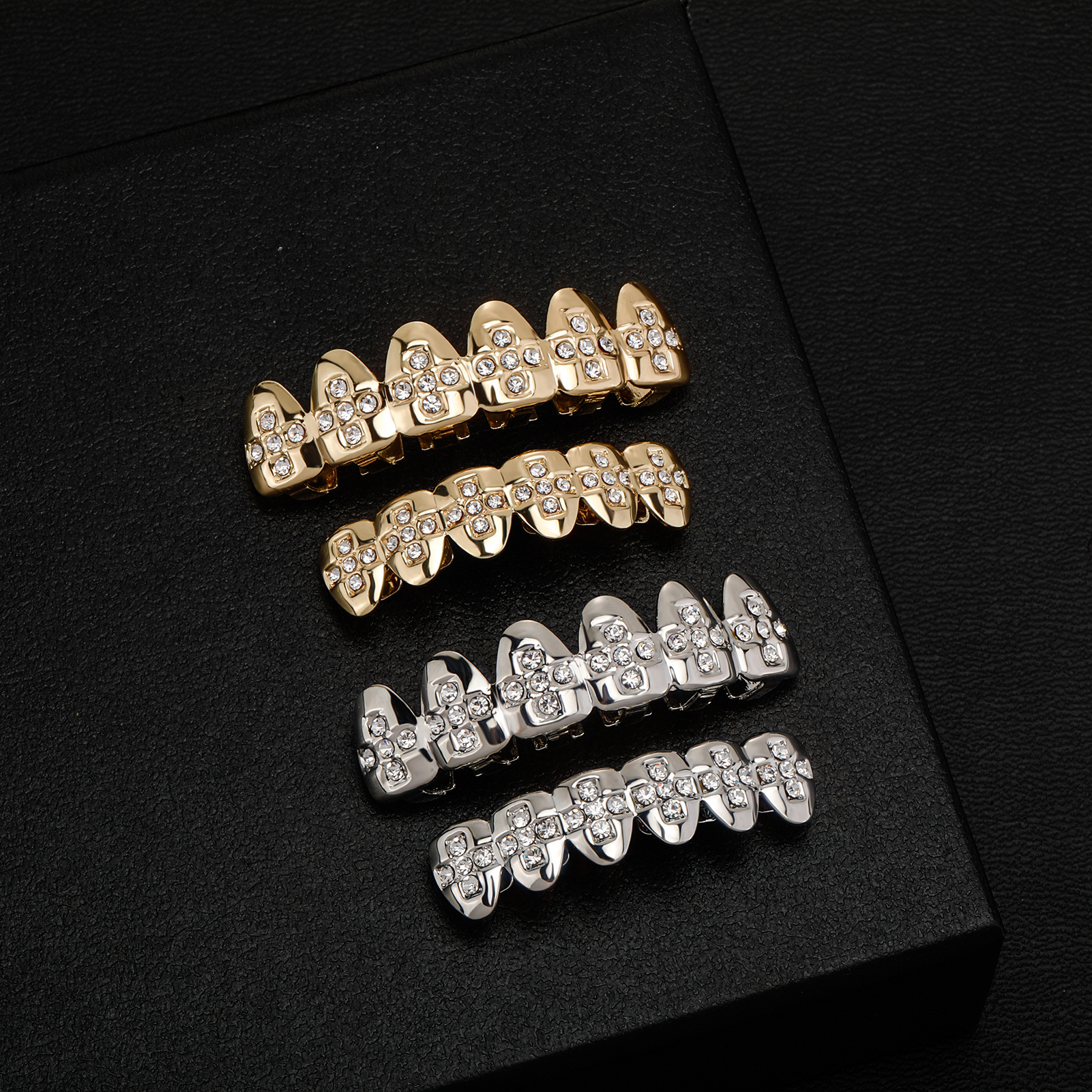 

Hip Hop Cross zircon splice vampire braces Dental Teeth Grillz Gold Silver Grills Teeth Set Designer High Quality Eight 8 Top Tooth Six 6 Bottom Halloween jewelry 1267