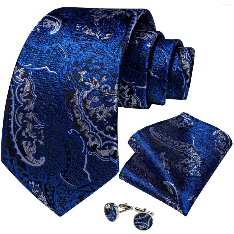 

Bow Ties Luxury Silver Blue Paisley Silk For Men Wedding Business Party Accessories Gift Necktie Handkerchief Cufflinks Wholesale