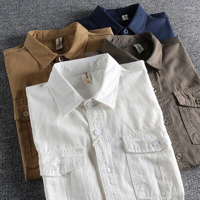 

Men's Casual Shirts Summer American Retro Short Sleeve Lapel Solid Color Pocket Tooling Shirt Men's Simple Washed Old Loose Youth, Auburn