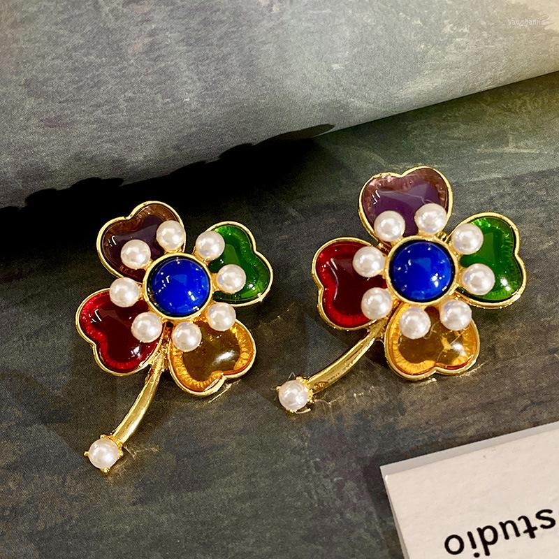 

Necklace Earrings Set Middle Color Flower Pearl Earring Vintage Metal Heavy Resin Glass, Picture shown