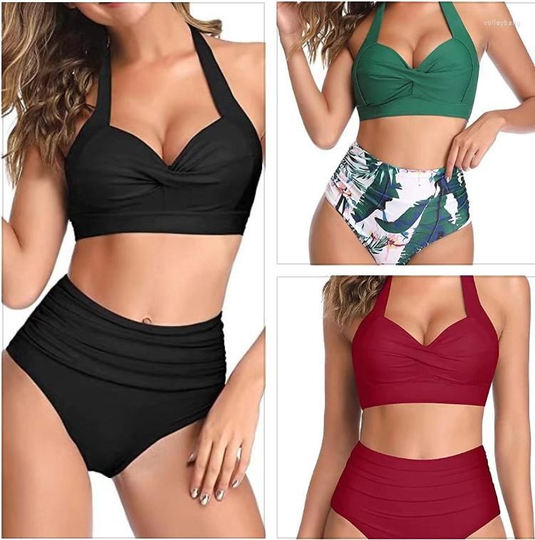 

Women' Swimwear Tall Waist Printed Hang A Neck Strap Swimsuit Female Fassion Show Thin Bikini Bathing Suit, Black