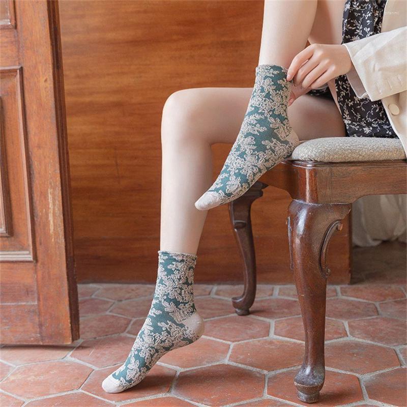 

Women Socks Harajuku Retro Embroidery Woman Japanese Kawaii Cute Ethnic Lolita Lace Flower Crew Christmas Gift Fashion, Blue