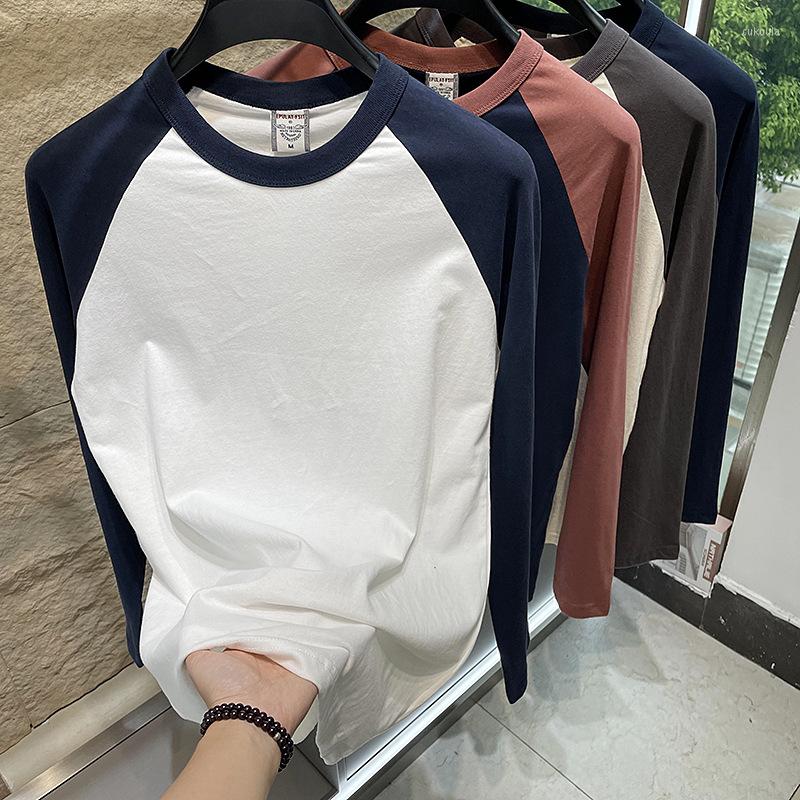 

Men's T Shirts Japan Style Contrast Color Patchwork Long Sleeve T-shirt Men Summer Fashion Premium Cotton Retro O-neck Pullover Basic Tops, 6999 beige