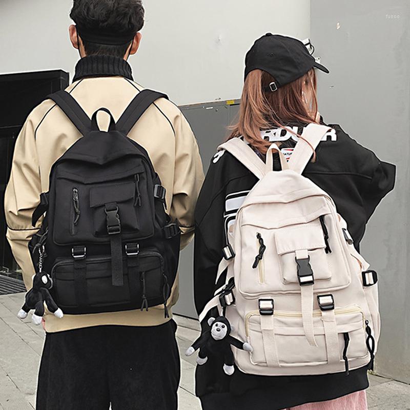 

Backpack Preppy Style Black Unisex Women Men Nylon Waterproof Multi-Pocket Design Teenagers Shoulder Bag, White
