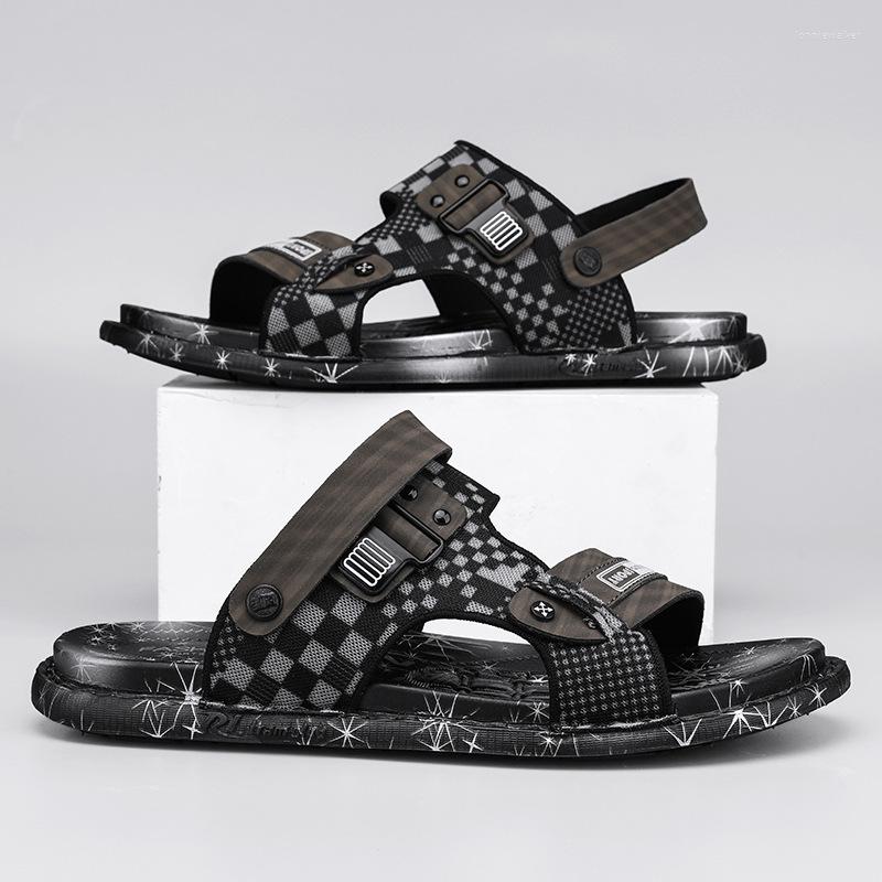 

Sandals Men's Beach Fashion Plaid Breathable Casual Shoes Slip-On Summer Youth Slipper For Men Two Threading Methods, Black