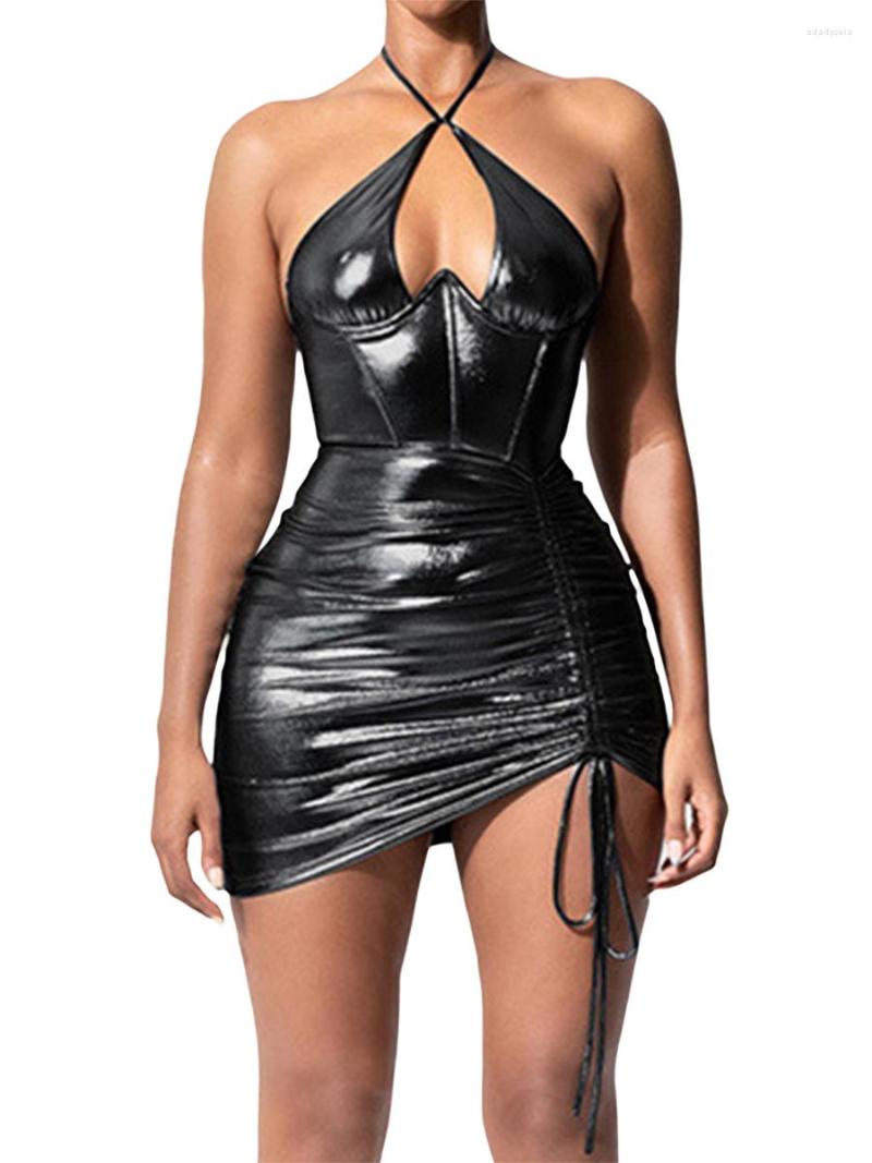 

Casual Dresses Women  Halter Metallic Mini Dress Sexy Low Cut Sleeveless Drawstring Ruched Bodycon Party Clubwear, Pink