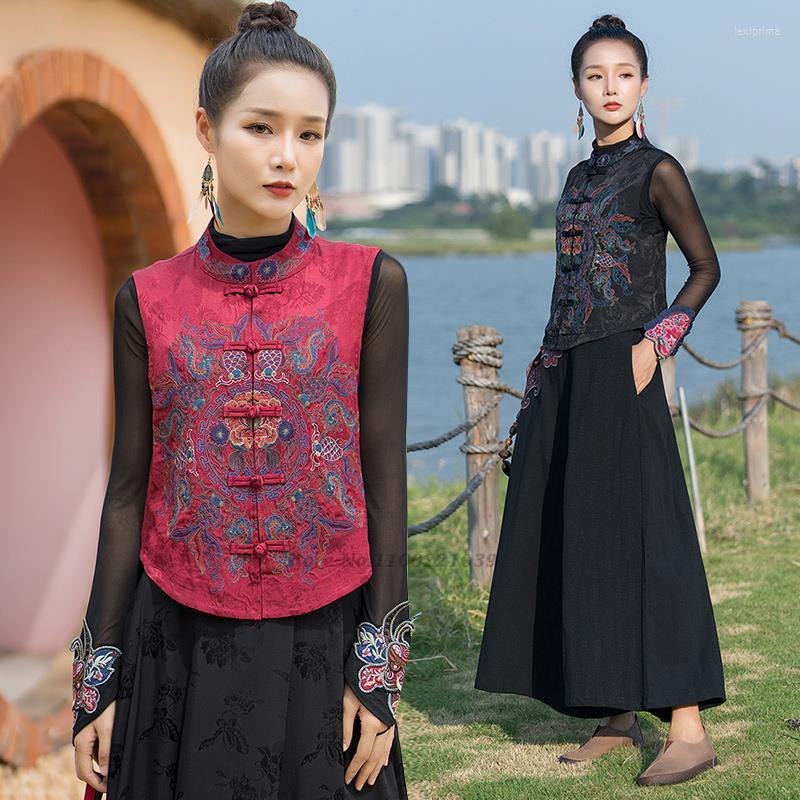 

Ethnic Clothing 2023 National Harajuku Gilet Women Flower Embroidery Chinese Style Tang Suit Vest Traditional Vintage Wild Casual Waistcoat