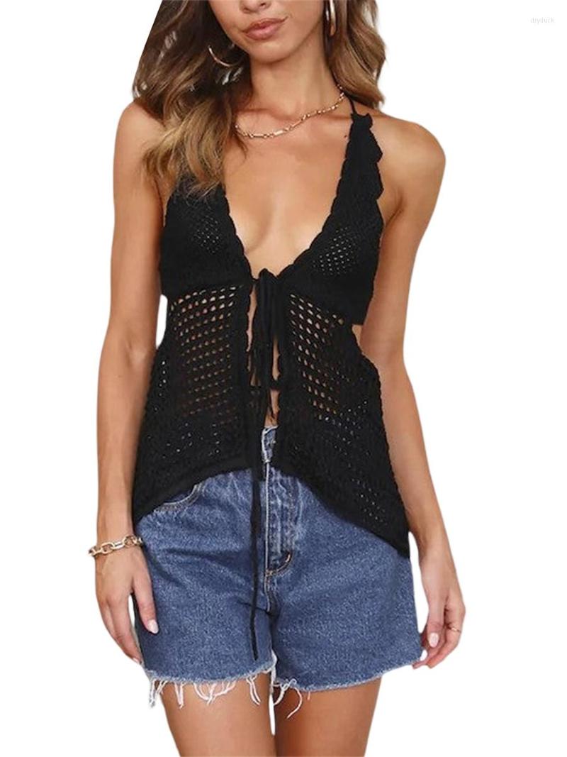 

Women' Tanks Women V Neck Knit Tie-Up Top Spaghetti Strap Cutout Backless Vest Tops Y2k Summer Casual Sexy Club Streetwear, D-brown