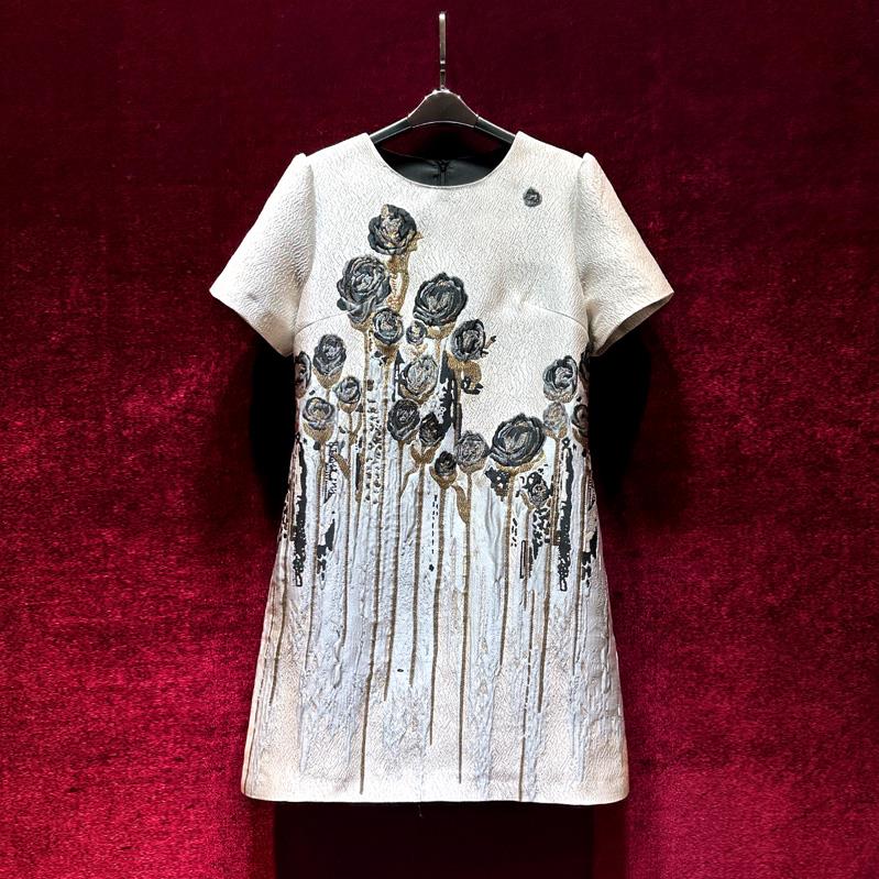 

European and American women' clothes 2023 summer new Round neck and short sleeves fashion White Flower Jacquard Dress XXL