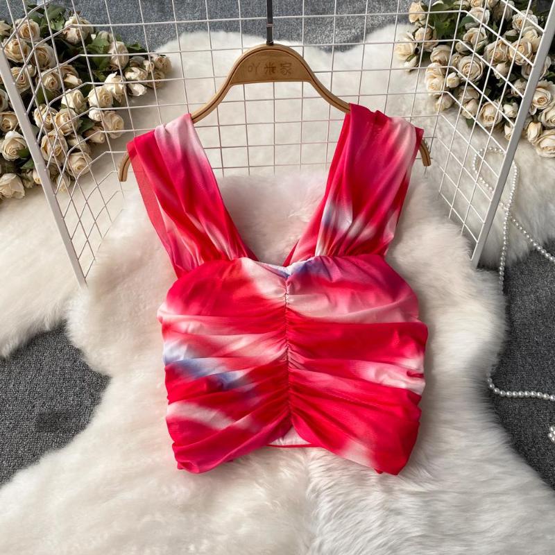 

Women's Tanks Western Style Vintage Camis For Women Sleeveless Tie Dye Floral Print Sweet Pleated Femme Corset Crop Tank Tops Camisoles, Gray