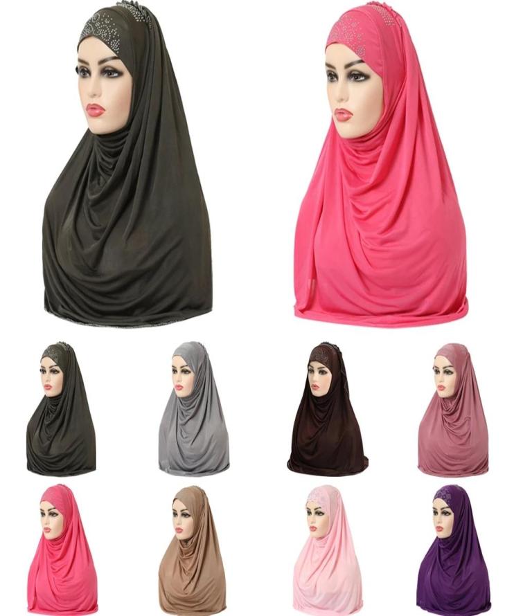 

Muslim Women Girls Hijab Islamic Hijab Scarf One Piece Fashion Solid Color Soft Headscarf Arabic Headwrap Rhinestone Hijab4860202