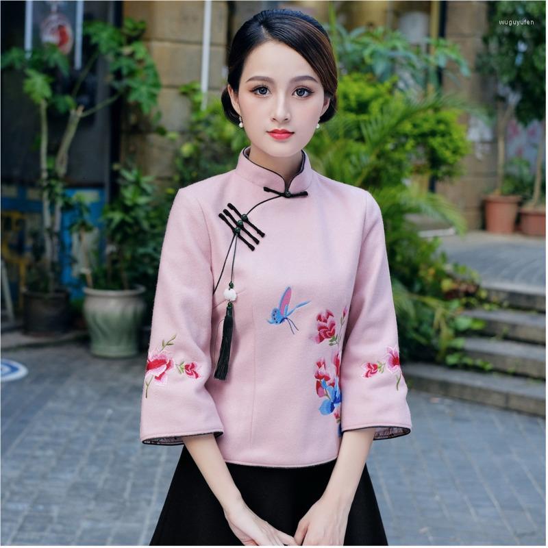 

Ethnic Clothing Sheng Coco Pretty Pink Chinese Qipao Shirt Woolen Retro Tops Flowers Dragonfly Embroidery Women Cheongsam 4XL Autumn Blouse