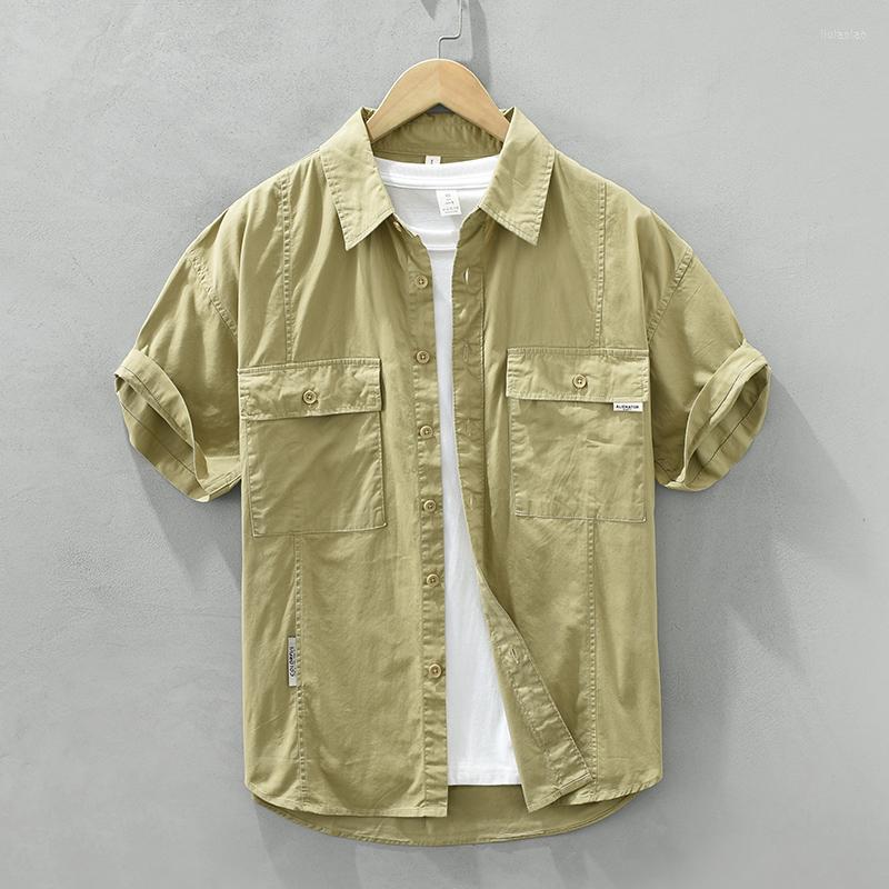 

Men's Casual Shirts Pure Cotton Shirt For Men Short Sleeve Tops 2023 Summer Solid Safari Style Streetwear Clothing, 2719 army green