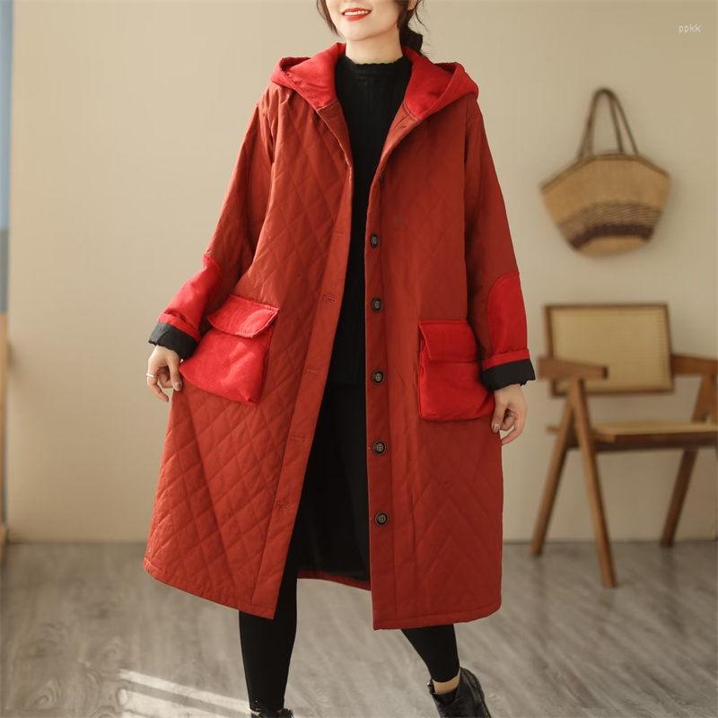 

Women's Trench Coats Fall Winter Vintage Solid Quilted Splice Large Pocket Hooded Cotton Coat Women's Loose Oversized Medium Long Padded, Army green