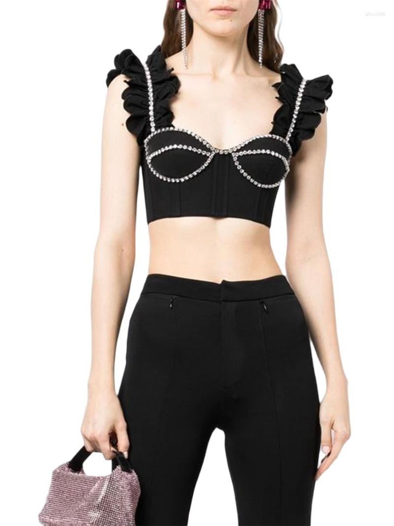

Women' Tanks Women Fashion Rhinestone Tank Tops Frills Sleeveless Backless Vests Summer Slim Fit Shirts Streetwear, Black