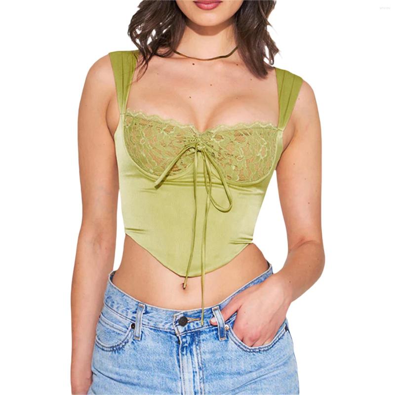 

Women' Tanks Women Lace Patchwork Camisoles Sleeveless Tie-Up Backless Satin Tank Tops Summer Vests Crop Going Out Streetwear, Green