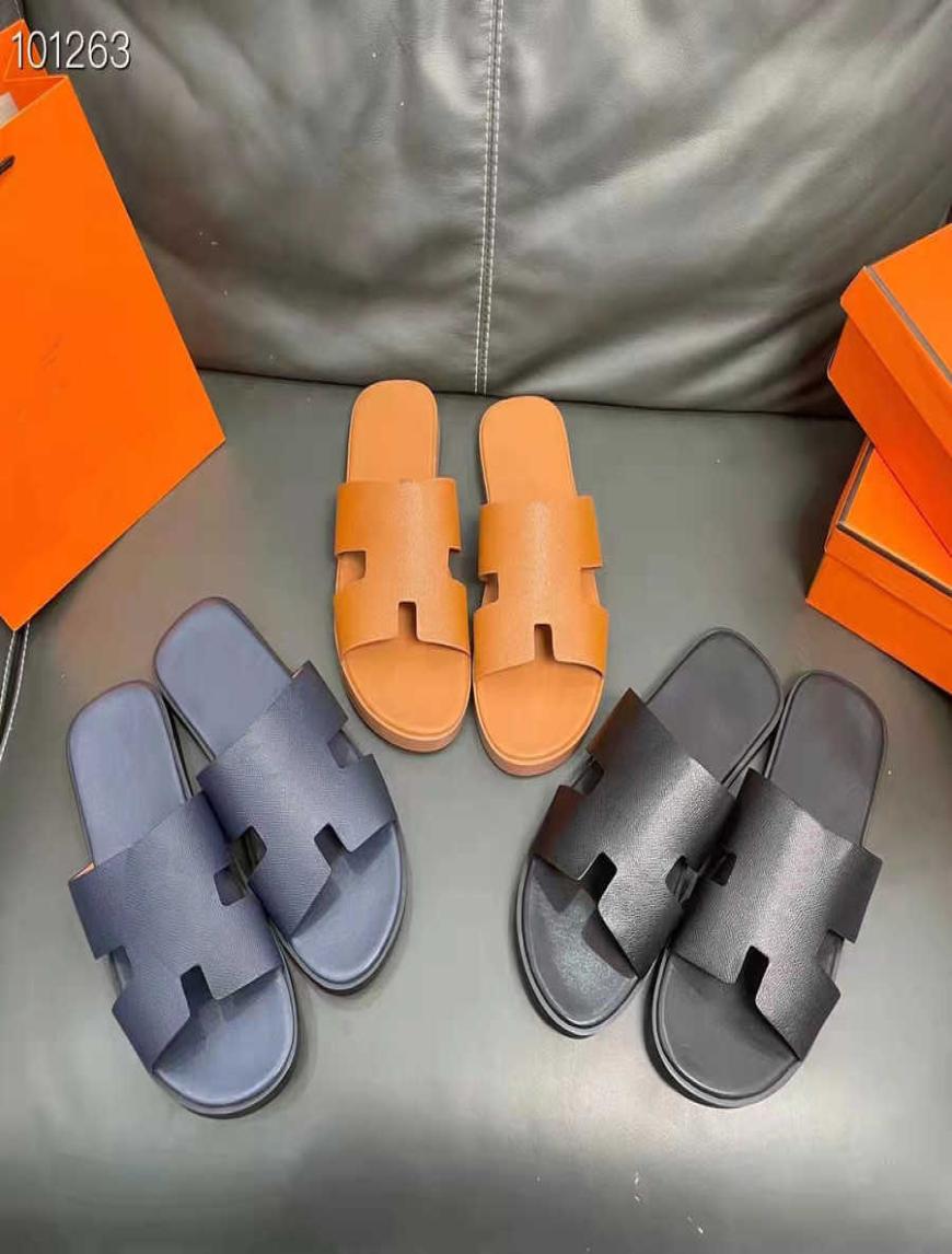 

Men Slippers Designer Leather Sandals Izmir Flip Flop Heritage Calfskin Sandals Summer Lazy Large Beach Casual H Slides 39458515277, Dark green