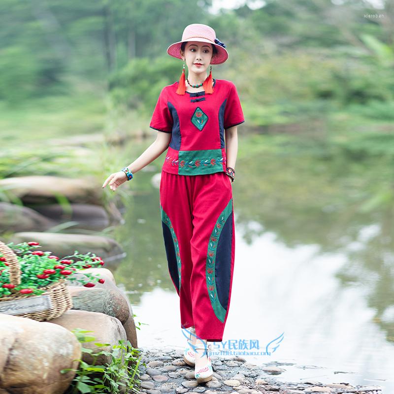

Ethnic Clothing Summer Vintage Cotton And Linen Style Suit Women's Literary Embroidery Loose Top Casual Bloomers
