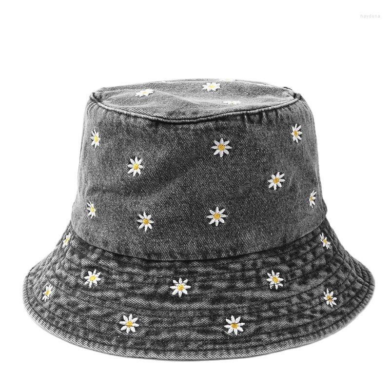 

Berets 2023 Spring Denim Cartoon Flower Embroidery Bucket Hat Fisherman Outdoor Travel Sun Cap For Girl And Women 158, Black
