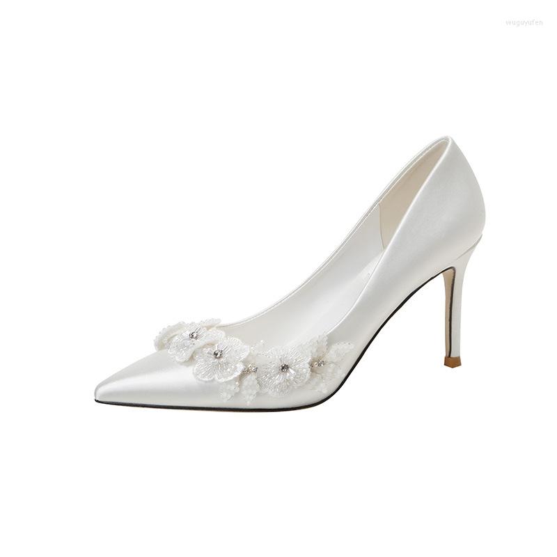 

Dress Shoes 32-43 Satin White Flower Wedding Bride Pumps Bridesmaid High Heels Stiletto, 9cm heel