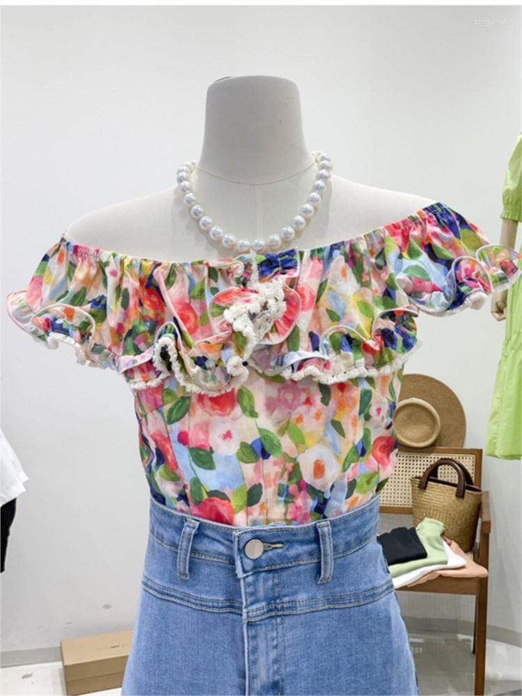 

Women' Blouses French Vintage Cotton Floral Print Tops Fashion Tassel Ruffle Edge Slash Neck T-shirts Summer Women Sexy Off Shoulder, Mixed color
