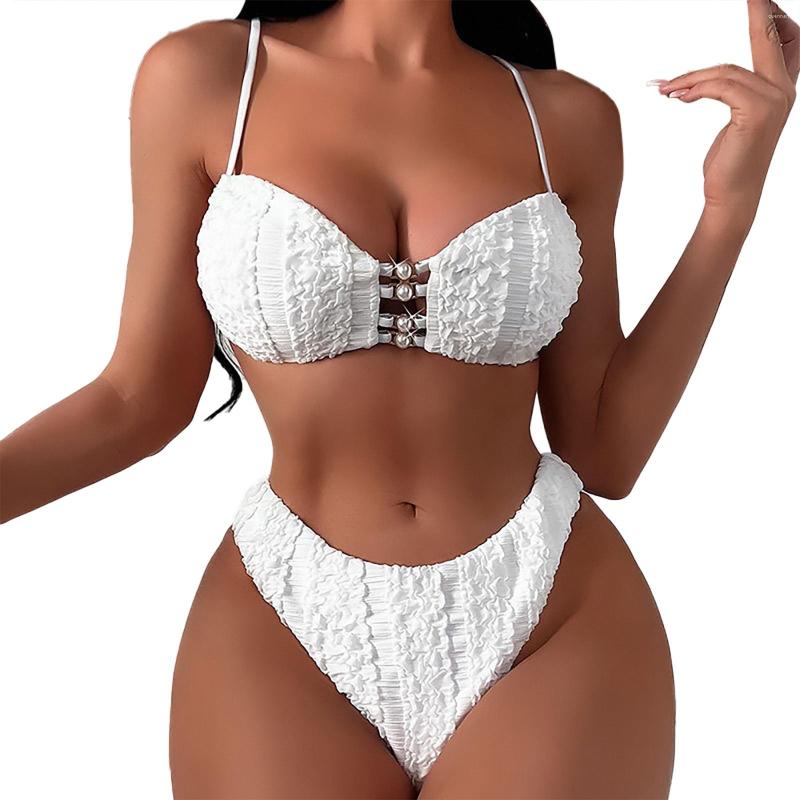 

Women' Swimwear Women' Sexy Solid Color Backless High Waist Split Swimsuit Set Dark Bikini Two Piece For Women Trendy Bikinis, White