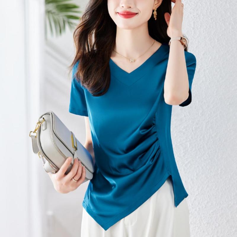 

Women's Blouses 2023 Summer V-Neck Satin Shirt Top, Deep blue