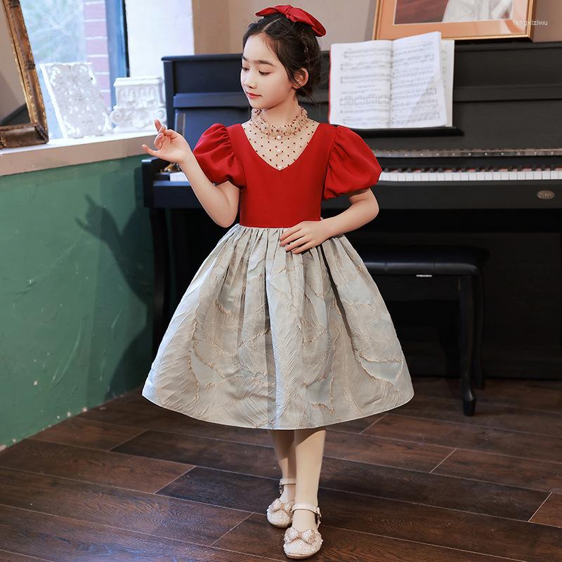 

Girl Dresses Kids Autumn French Red Girls Dress For Birthday Party Print Puff Sleeve Princess Flower Wedding, Picture shown